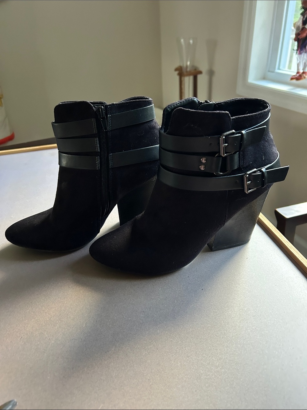 Black Suede Ankle Booties with Buckle Straps